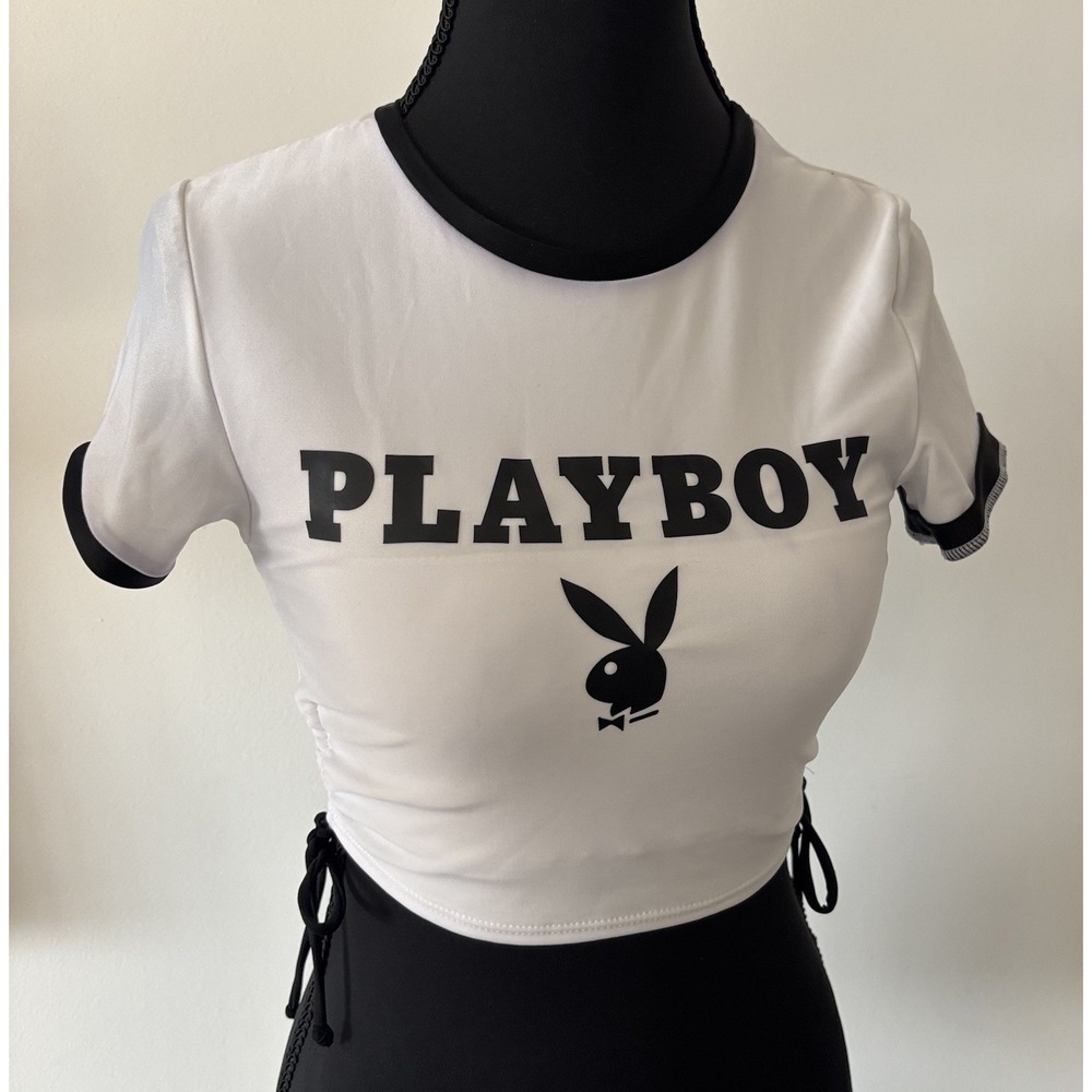 Playboy SWIM Crop Top SEE THROUGH & SHEER! Women's XS Logo Rash Guard Pool NEW